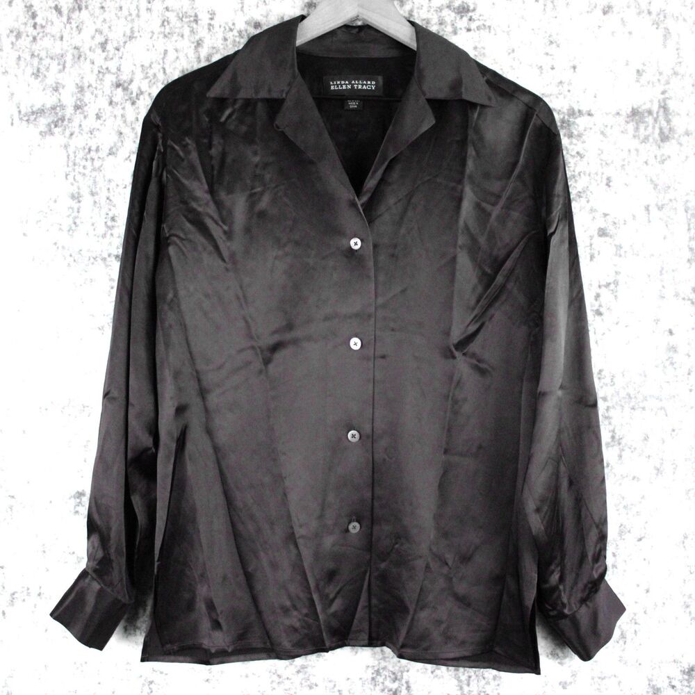 Linda Allard Ellen Tracy Blouse Womens Sz 2 Black Silk Satin Button Long Sleeve